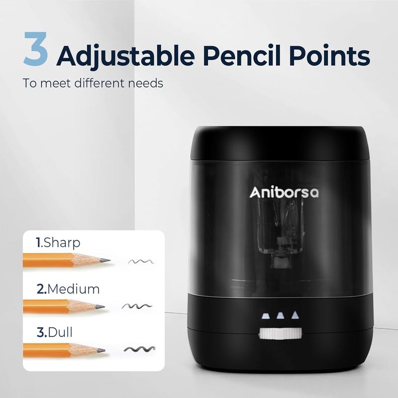 Aniborsa Electric Pencil Sharpener, USB & Battery Operated, Adjustable Nibs, Automatic Pencil Sharpener for Kids, Classroom, School, Home, Office, Black - Image 4
